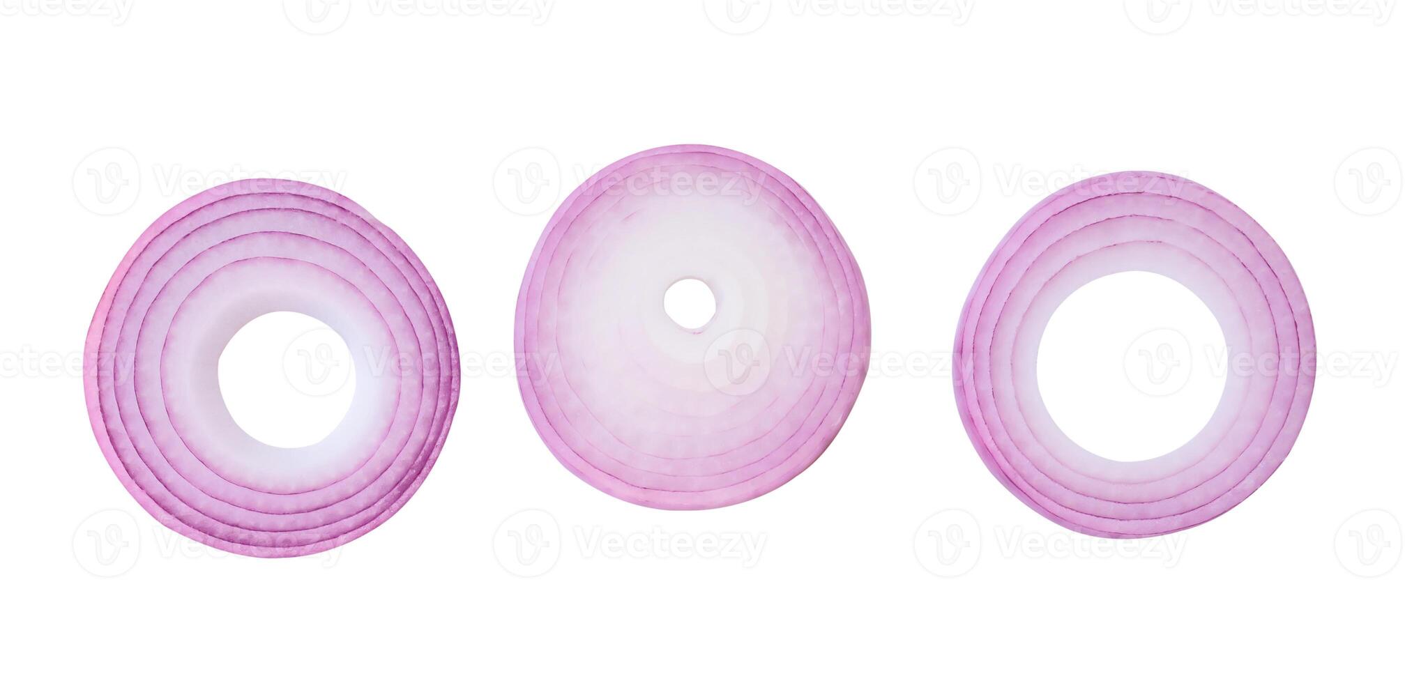 Top view set of red or purple onion slices or onion rings isolated on white background with clipping path photo