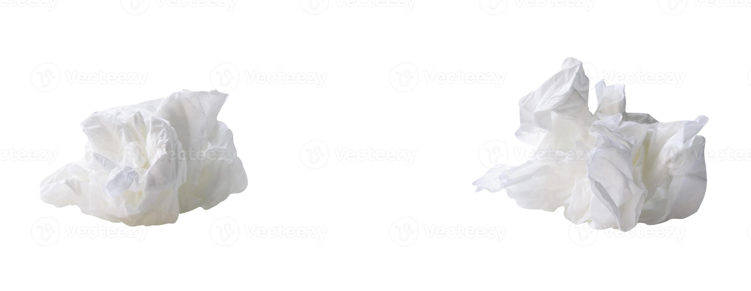 Front view set of white crumpled tissue paper ball after use in toilet or restroom isolated on white background with clipping path photo