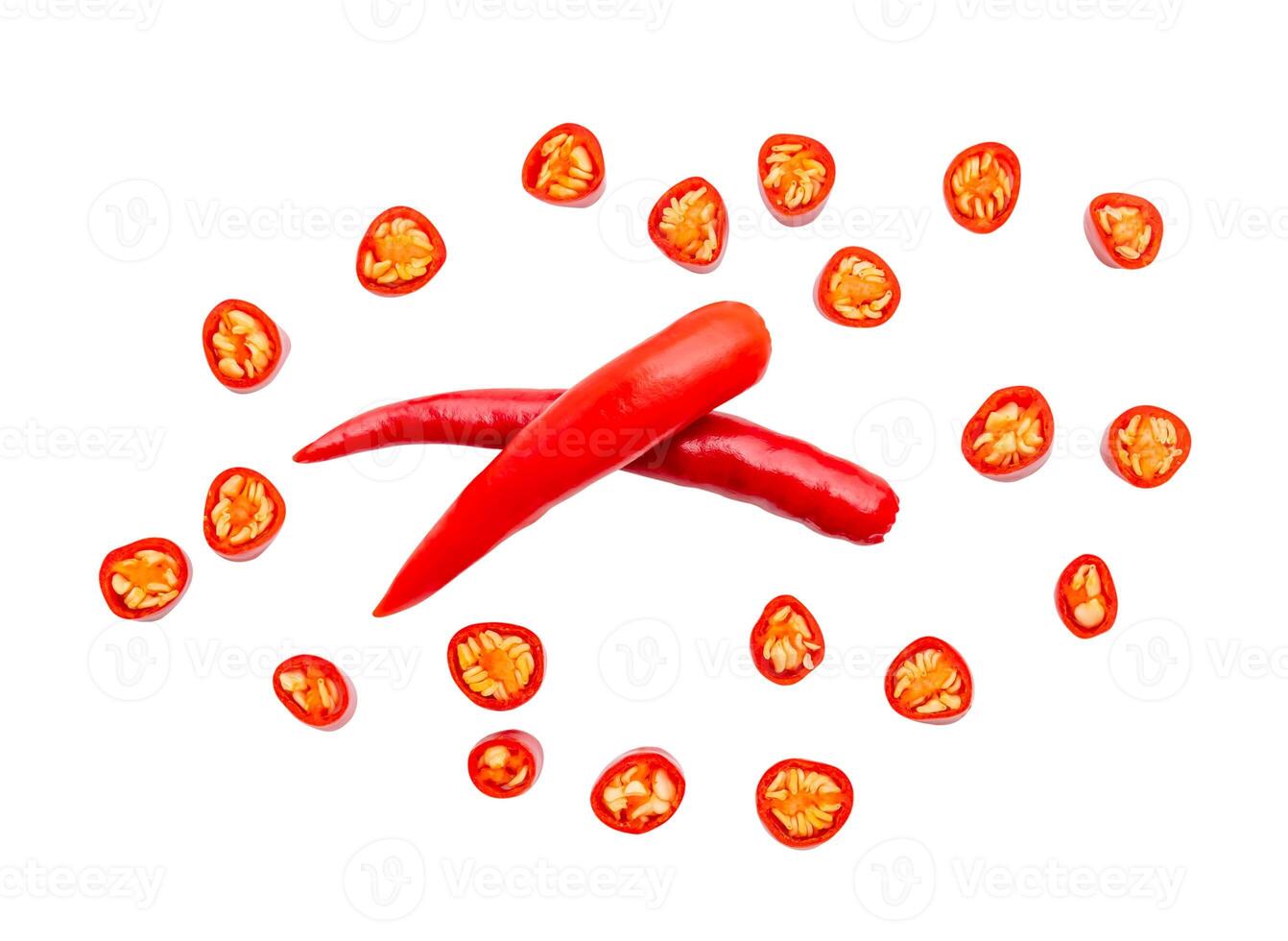 Top view set of red chili pepper or cayenne pepper with slices or pieces isolated on white background with clipping path photo