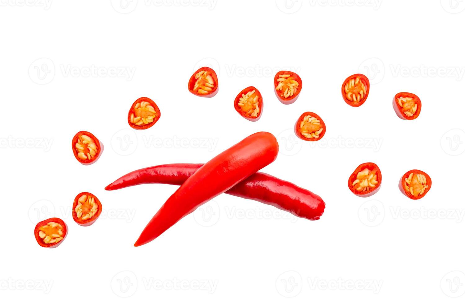 Top view set of red chili pepper or cayenne pepper with slices or pieces isolated on white background with clipping path photo