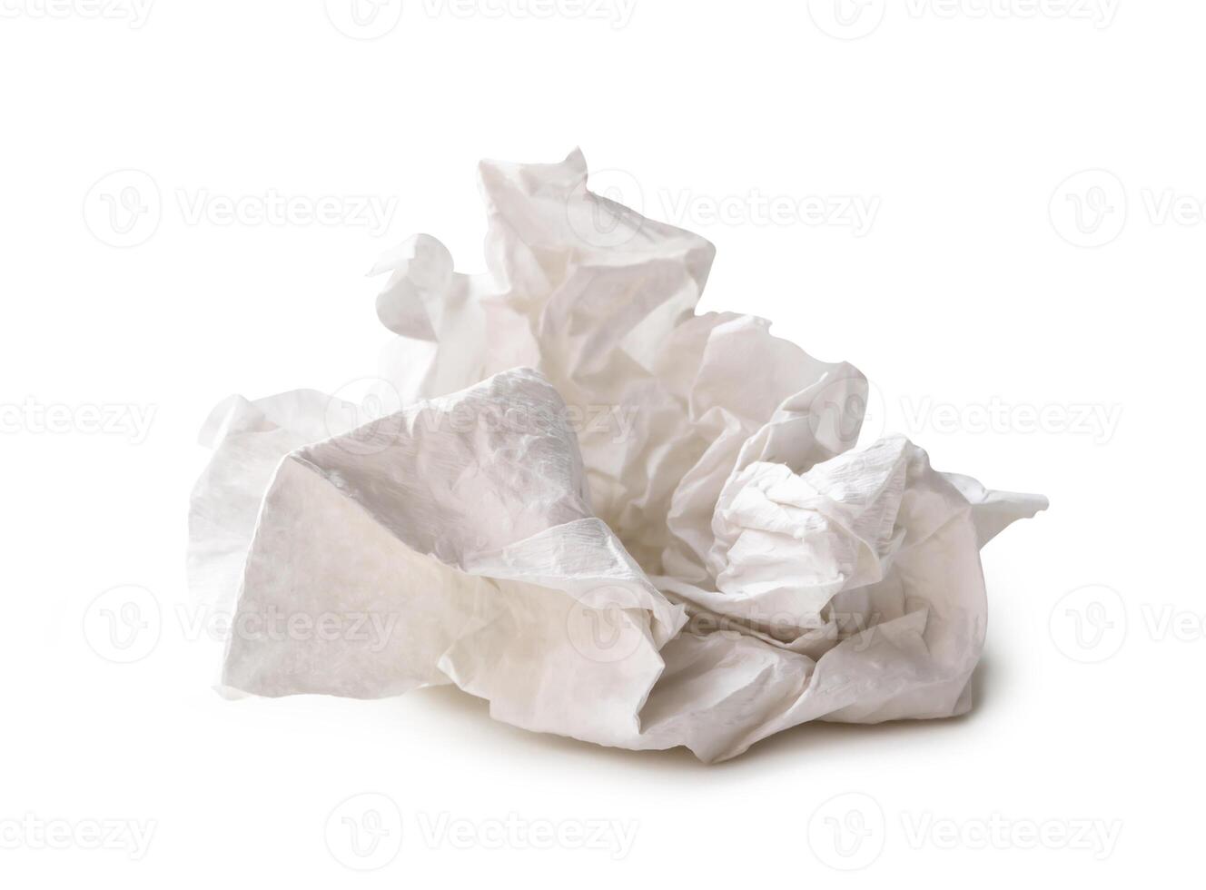 Front view of white crumpled tissue paper ball after use in toilet or restroom isolated on white background with clipping path photo