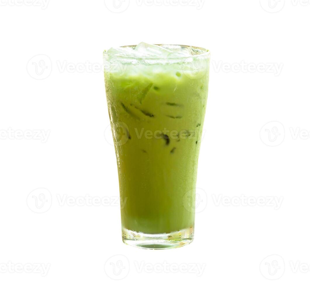 Front view of iced matcha green tea with condensed milk in transparent glass isolated on white background with clipping path photo