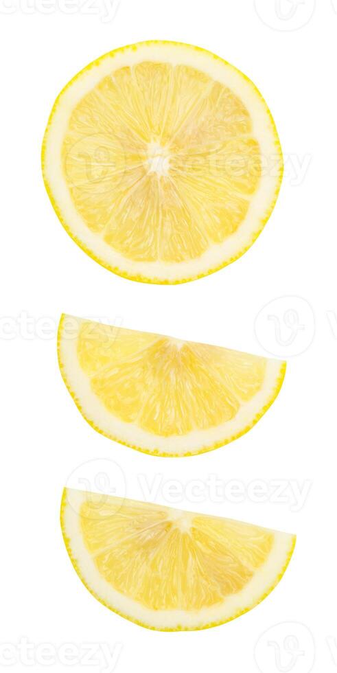 Top view set of yellow lemon half and slice or quarter isolated on white background with clipping path photo