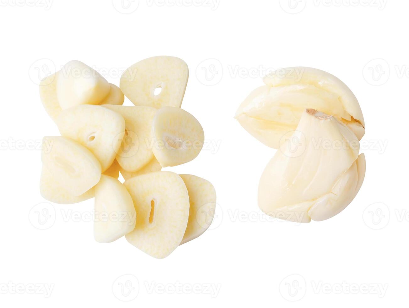 Top view set of pounded garlic cloves and slices in stack isolated on white background with clipping path photo