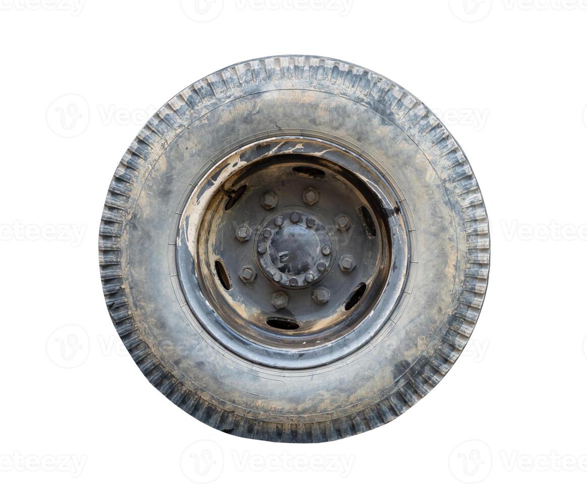 Side view of single big old dirty wheel isolated on white background with clipping path photo