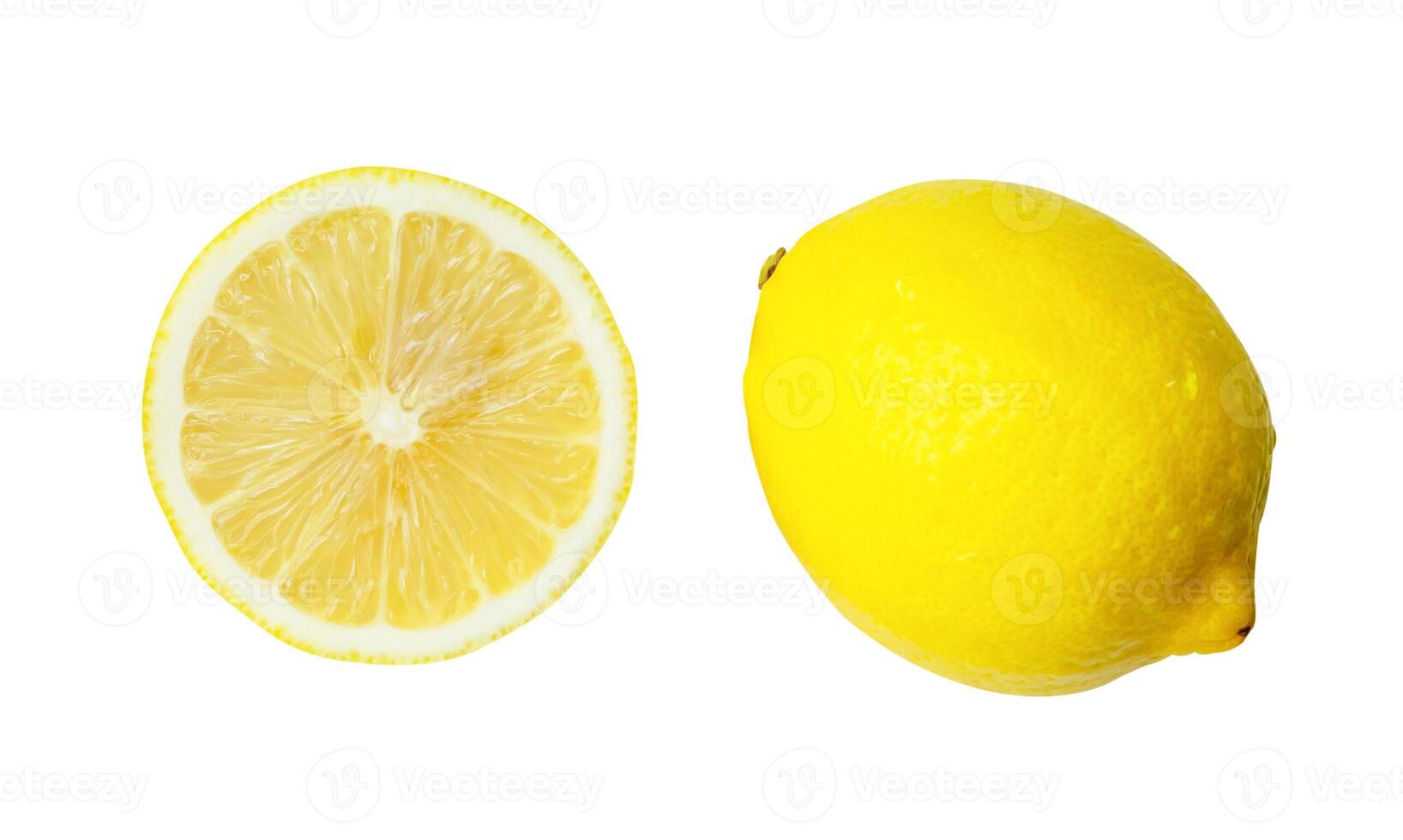 Top view of fresh yellow lemon fruit with some drops and half isolated on white background wiht clipping path photo