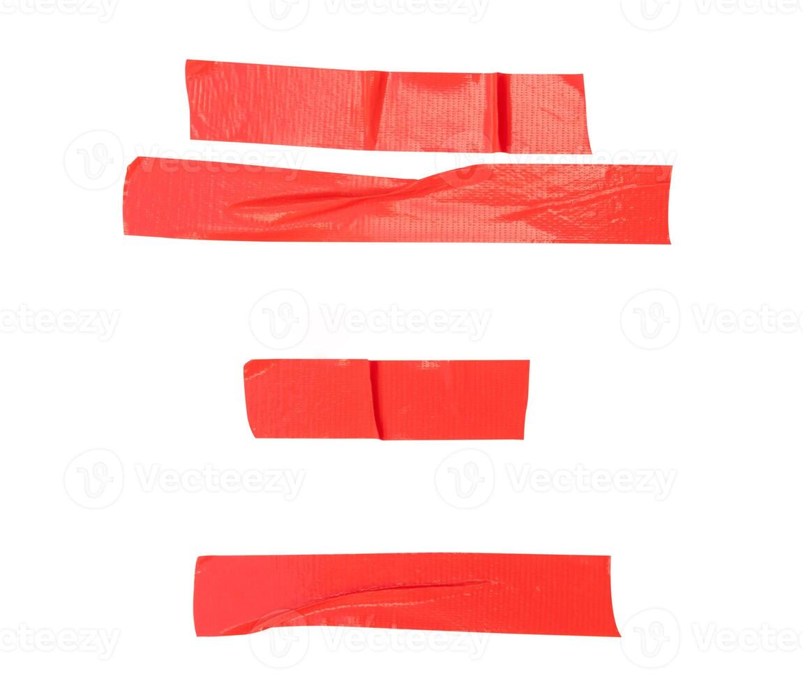 Top view set of red wrinkled adhesive vinyl tape or cloth tape in stripes shape isolated on white background with clipping path photo