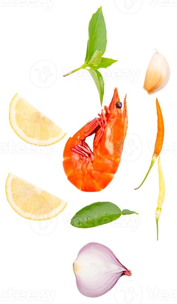 Top view set of Thai soup ingredients with red cooked prawn or shrimp isolated on white background with clipping path photo