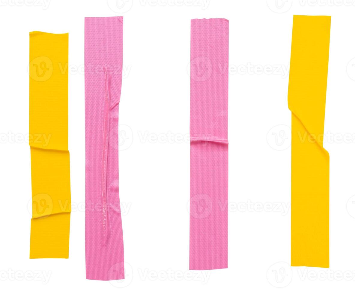 Top view set of pink and yellow wrinkled adhesive vinyl tape or cloth tape in stripes shape isolated on white background with clipping path photo