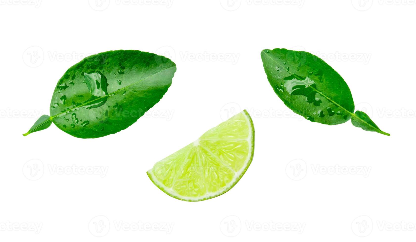 Top view set of green lemon fruit in slice or quarter shape with leaves isolated on white background with clipping path photo