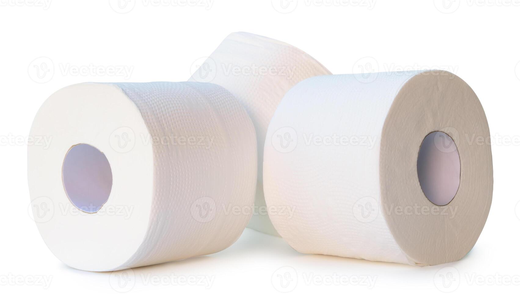 Front view of white tissue paper or toilet paper rolls in stack isolated on white background with clipping path photo