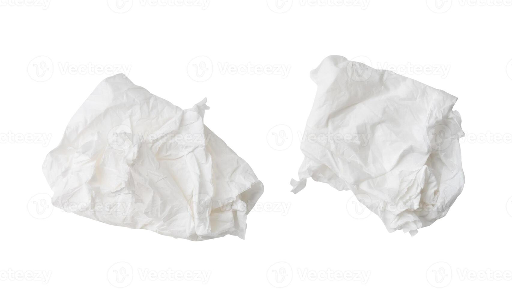 Top view set of crumpled tissue paper balls after use in toilet or restroom isolated on white background with clipping path photo