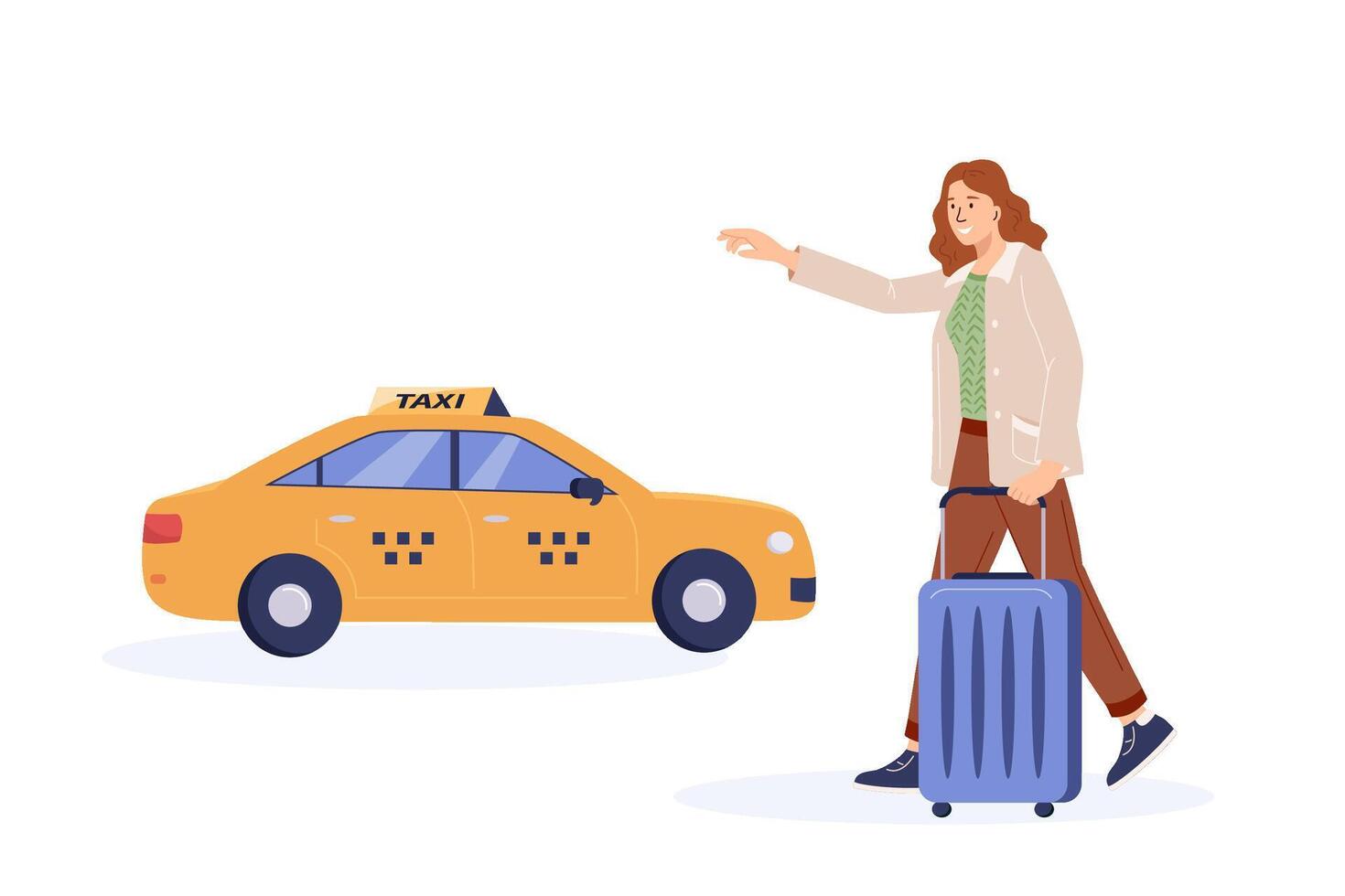 Young woman with baggage go to taxi stop. Girl with suitcase catches taxi. City transport, transfer for tourists. Yellow car, urban transportation service vector illustration