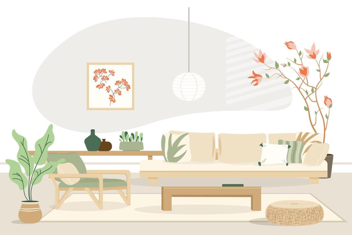 Cozy detailed living room interior in Japandi or Scandinavian style with a stylish combination of fashionable natural tones. Sofa with pillows, plants, table. Modern interior design vector