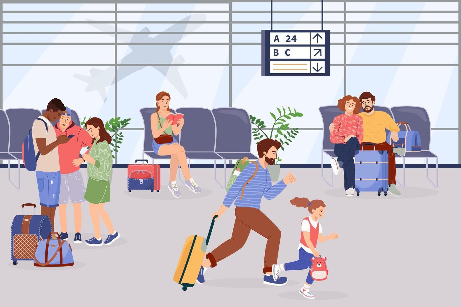 pasajeros a esperando habitación en internacional aeropuerto. turistas con equipaje y Los telefonos en salón área. corriendo hombre con maleta y niño prisa molesto a obtener su vuelo. plano vector ilustración