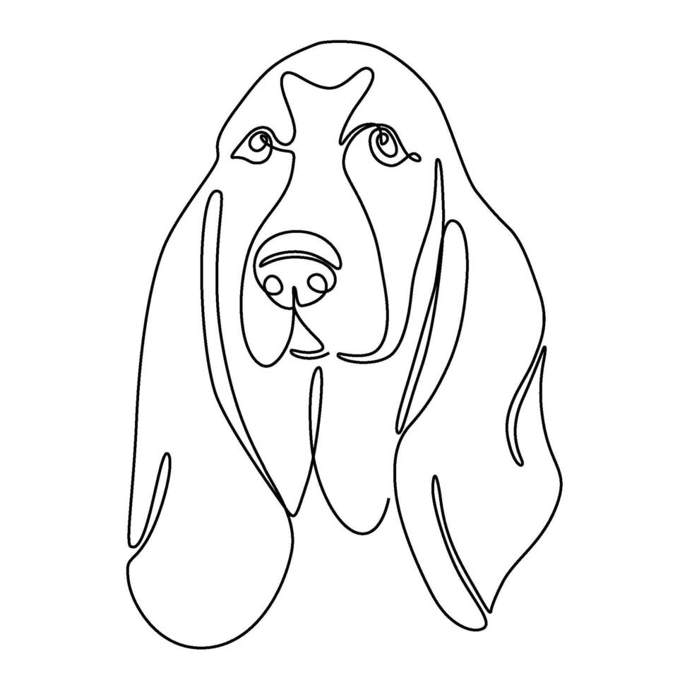 One continuous line drawing Basset Hound vector Image. Single line minimal style dog portrait. Cute beagle puppy black linear sketch isolated on white background. Graphic drawing.