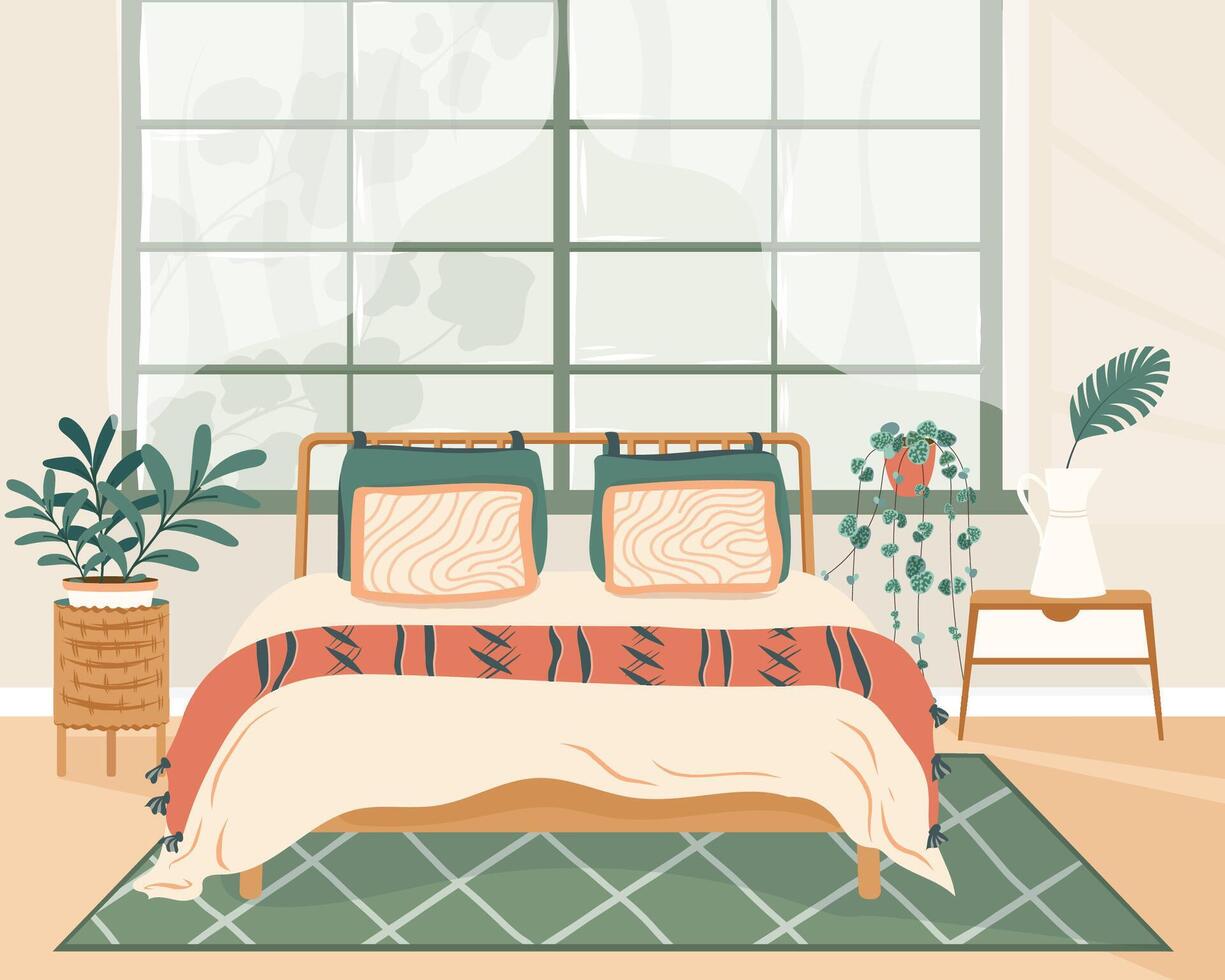 Cozy detailed boho style bedroom interior with a stylish combination of trendy earth tones. Bed with pillows, plants, night tables. Modern interior design in Scandinavian Style. Vector illustration