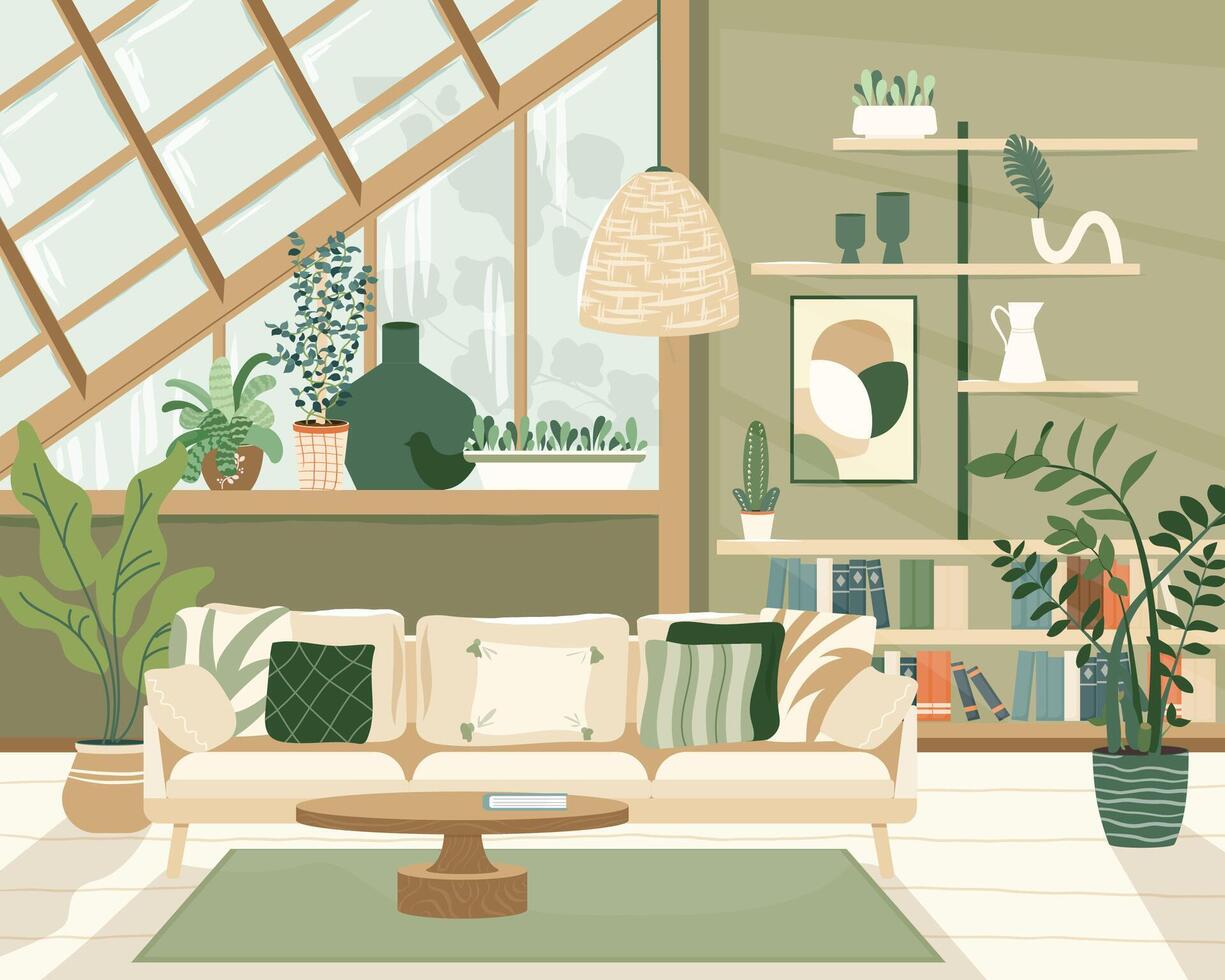 Cozy detailed boho style livingroom interior with a stylish combination of trendy earth tones. Sofa with pillows, plants, table. Modern interior design in Scandinavian Style. Vector illustration