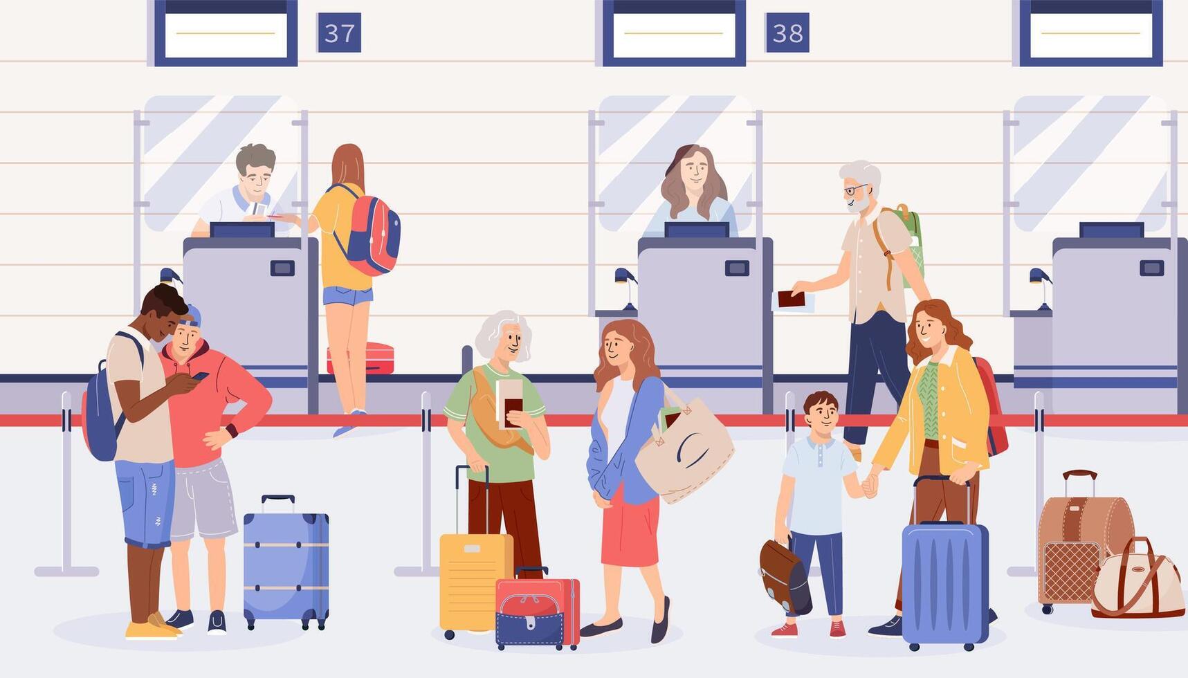 People with luggage at airport check-in counters. Terminal desks during registration for flight. Passenger control airline staff checking tickets, passports, boarding passes and baggage. Flat vector