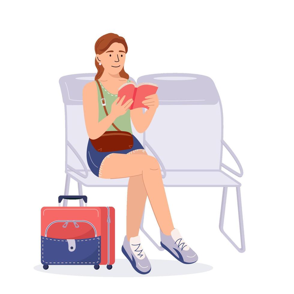 joven niña esperando para vuelo en avión. bonito mujer es sentado en el aeropuerto esperando habitación y leer un libro. plano vector ilustración aislado en blanco antecedentes