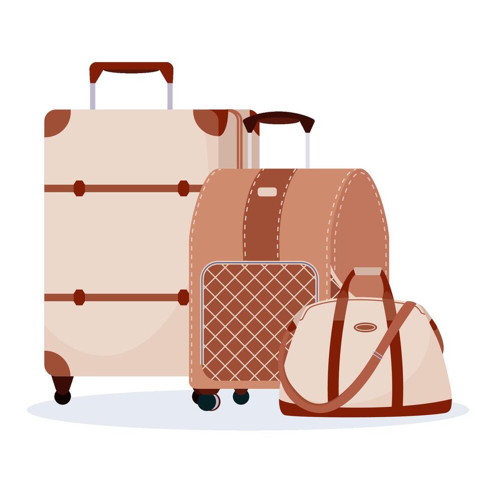 Composition of fashion travel bags . Cartoon suitcases wheels, plastic luggage, baggage for journey. Trendy luggage for men or women. Vector illustration for tourism in flat style