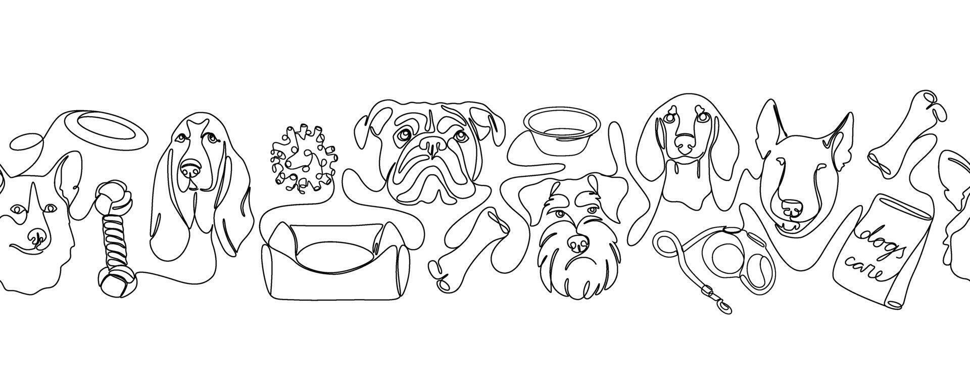 One continuous line drawing dogs with toys and accessories vector Image. Single line minimal style dog portrait. Black and white seamless border. Lovely hand drawn horizontal seamless pattern