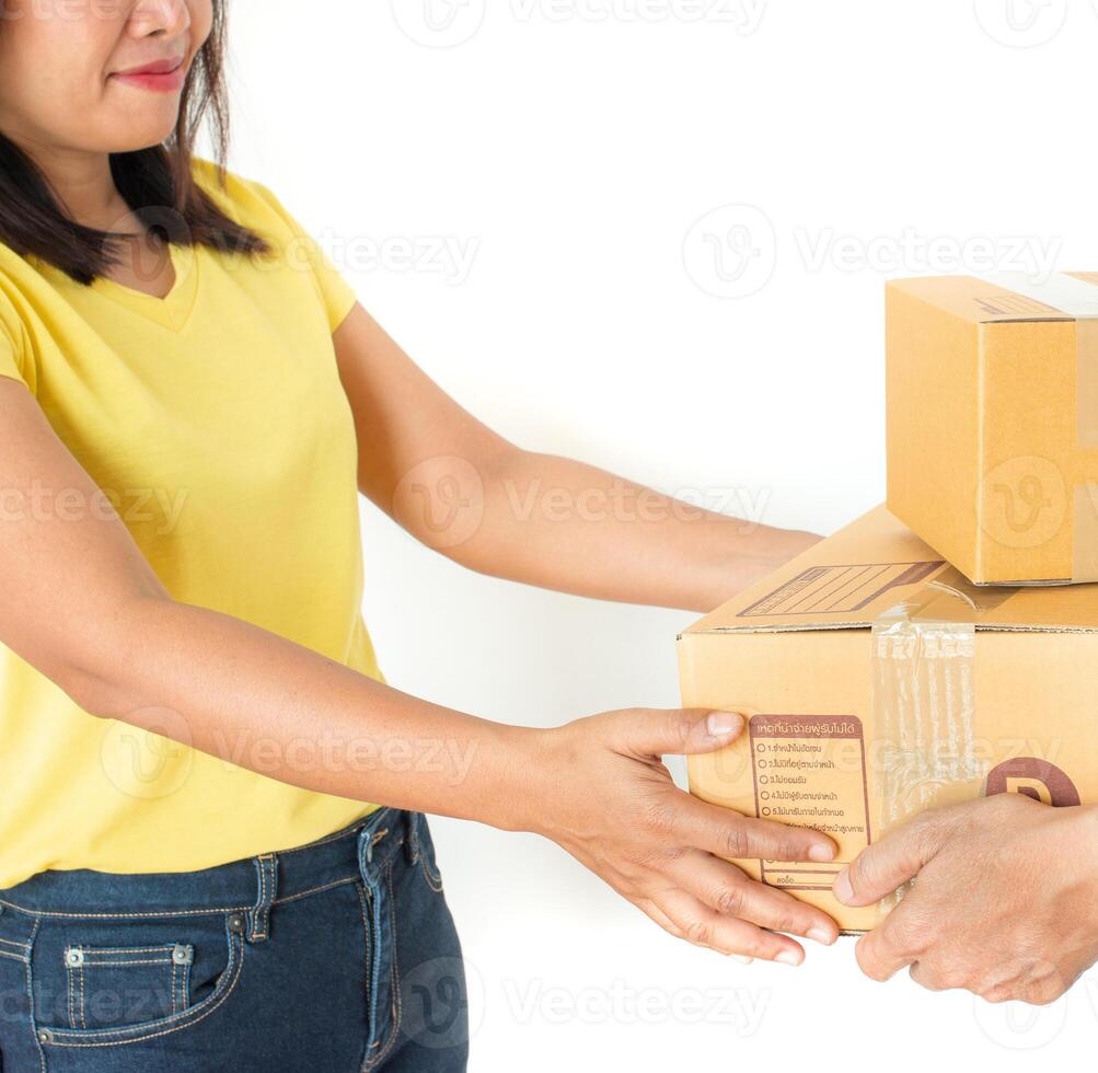 Women are happy to receive big box parcels. photo