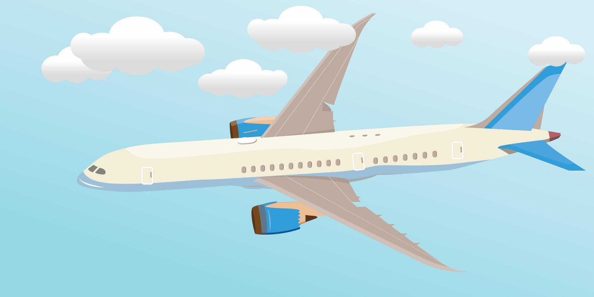 Vector illustration of airplane passing through clouds in the sky. Travel concept. Booking service or travel agency sign. Air transport. Flight ticket. Advertising banner.