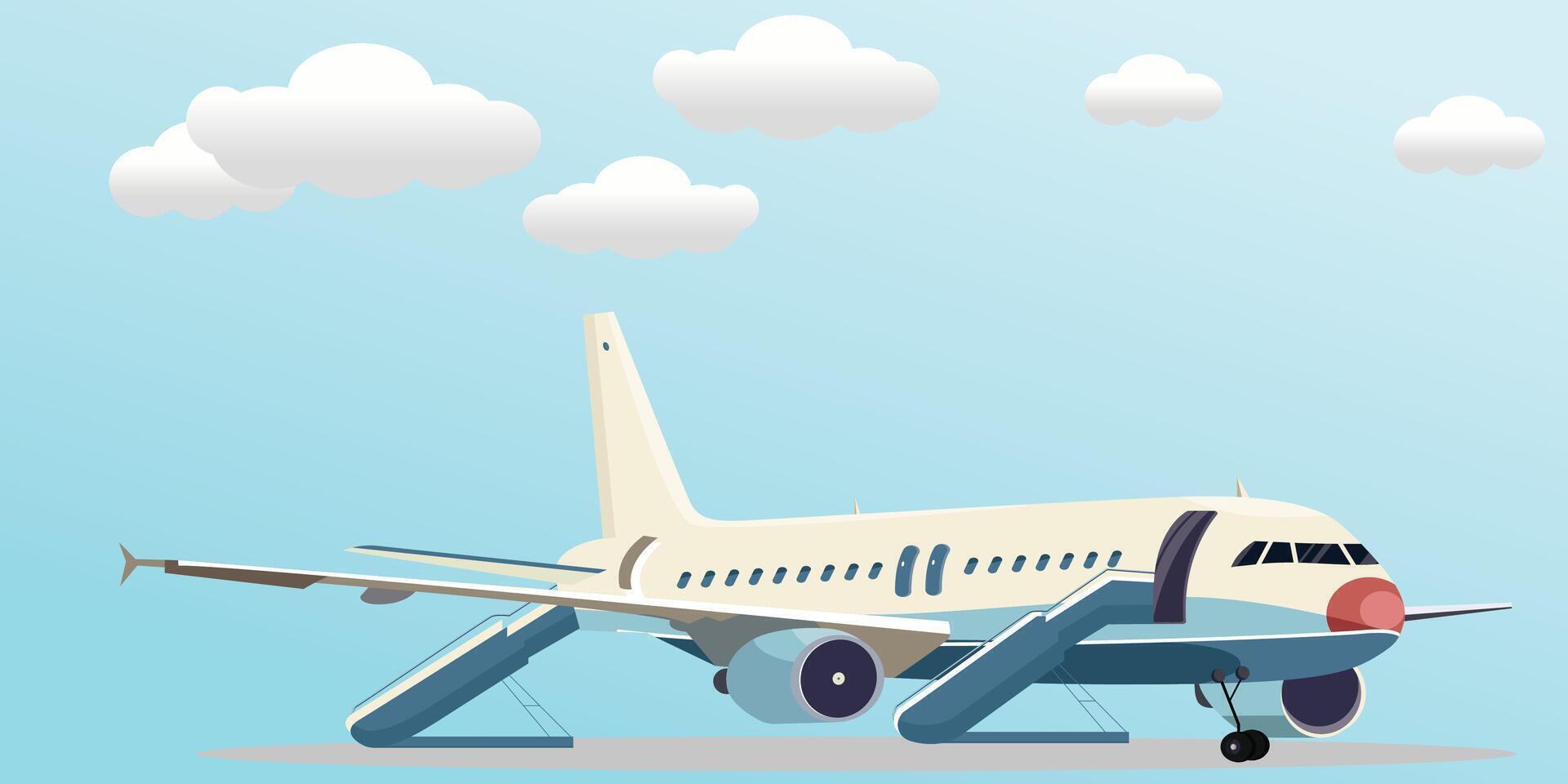 Vector illustration of plane at airport. blue airplane parking. fill passengers.