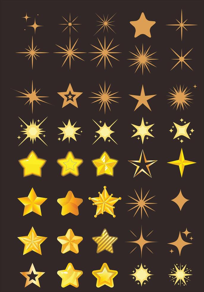 Collection of sparkling original vector star icons. Yellow, gold, twinkling. Fireworks, brilliant flashes. Shining light effect stars and bursts collection. Vector