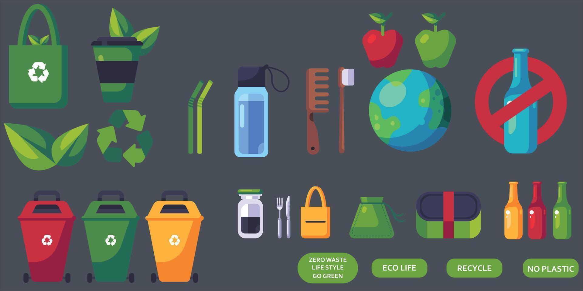 Zero waste concept set with eco objects, and tools. glass bottles, shopping bags, containers, trash cans, apples, earth, jars, toothbrushes, combs, plants etc. Eco life. Vector. vector