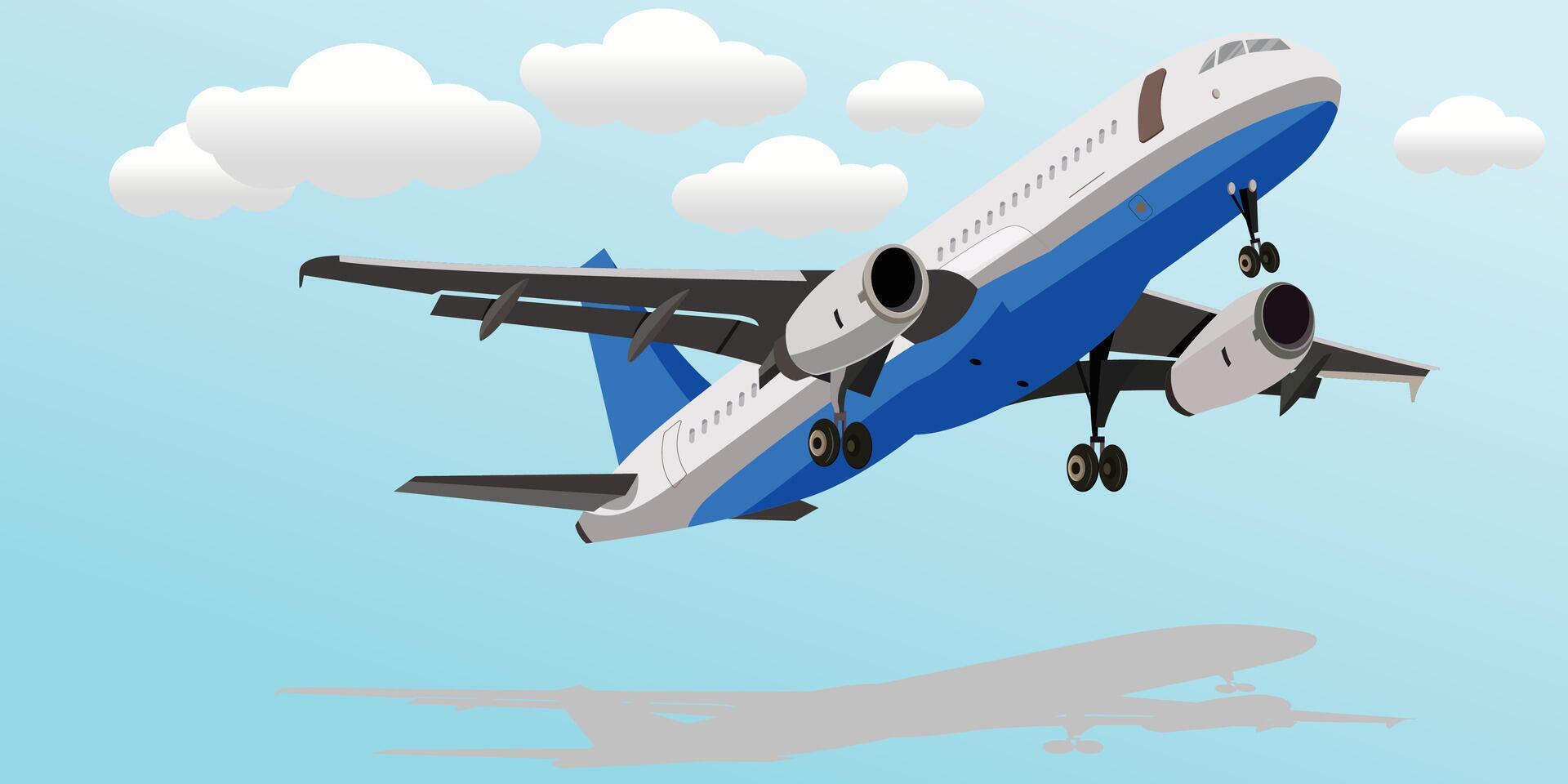 Vector 3D illustration of a plane passing through clouds in the blue sky. large blue passenger plane.