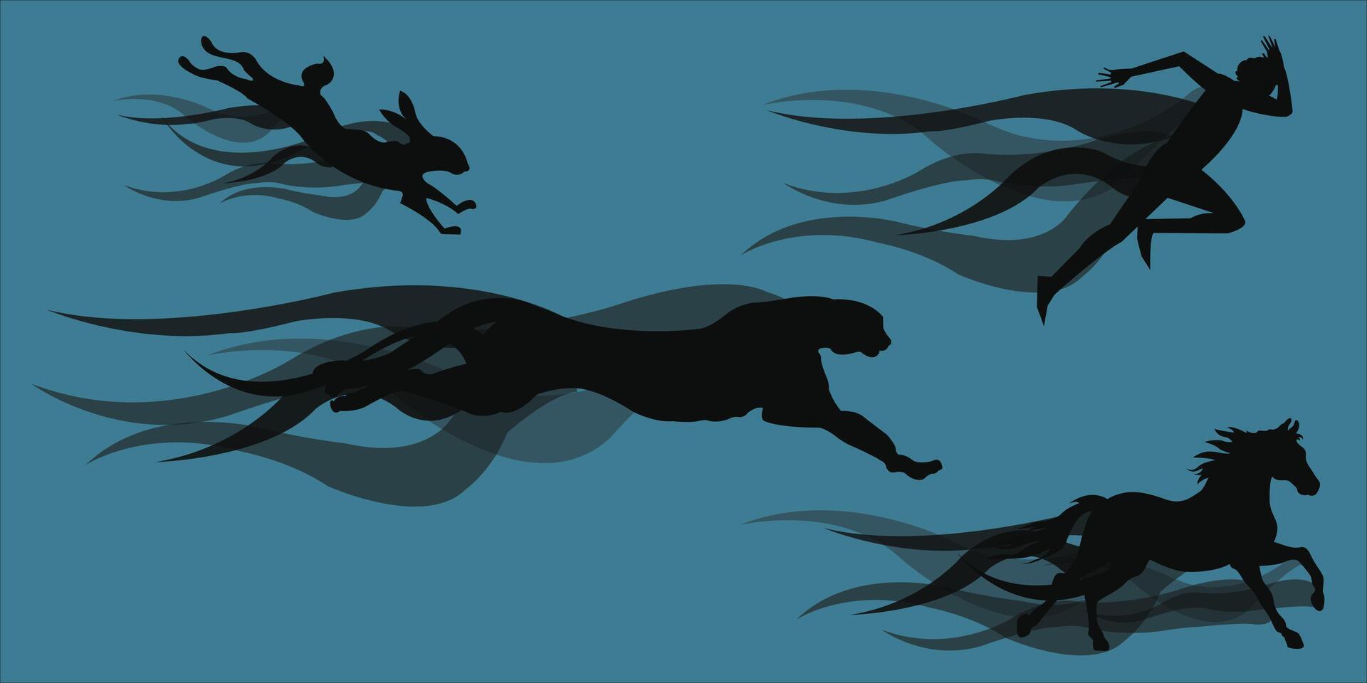Collection of speed illustrations. Contains rabbits, tigers, people, horses. with light behind. vector