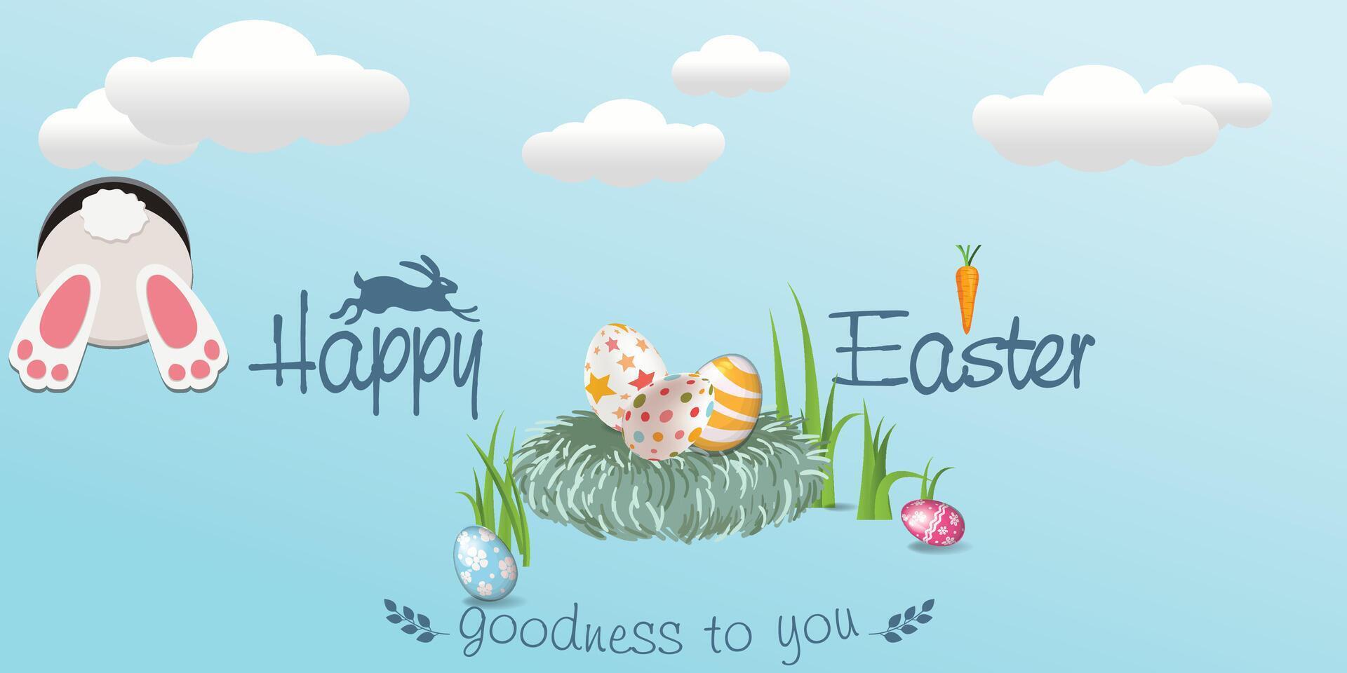 Easter banner with rabbit going in hole and beautifully painted eggs laid on the grass. Easter egg hunt concept or egg decoration art. vector