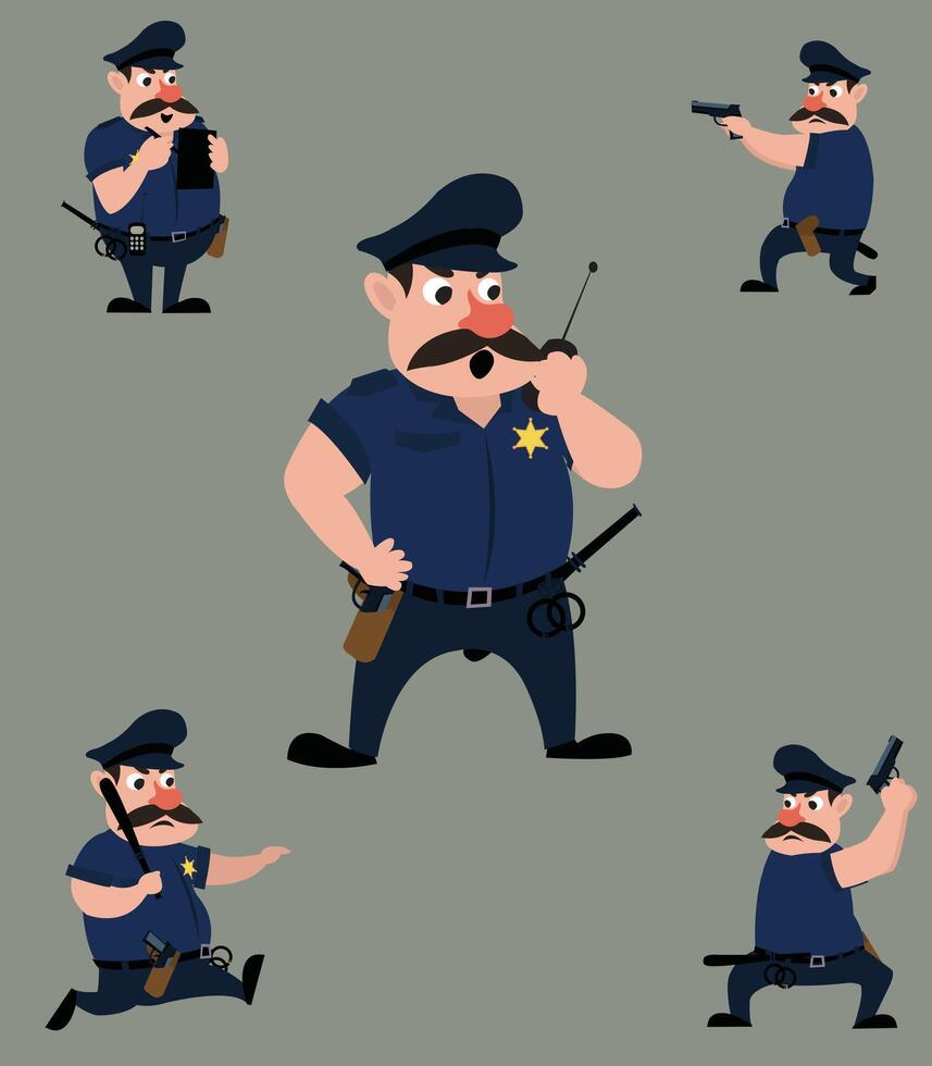 Vector design of male police character various poses. The police carry guns, handitalkies and batons.