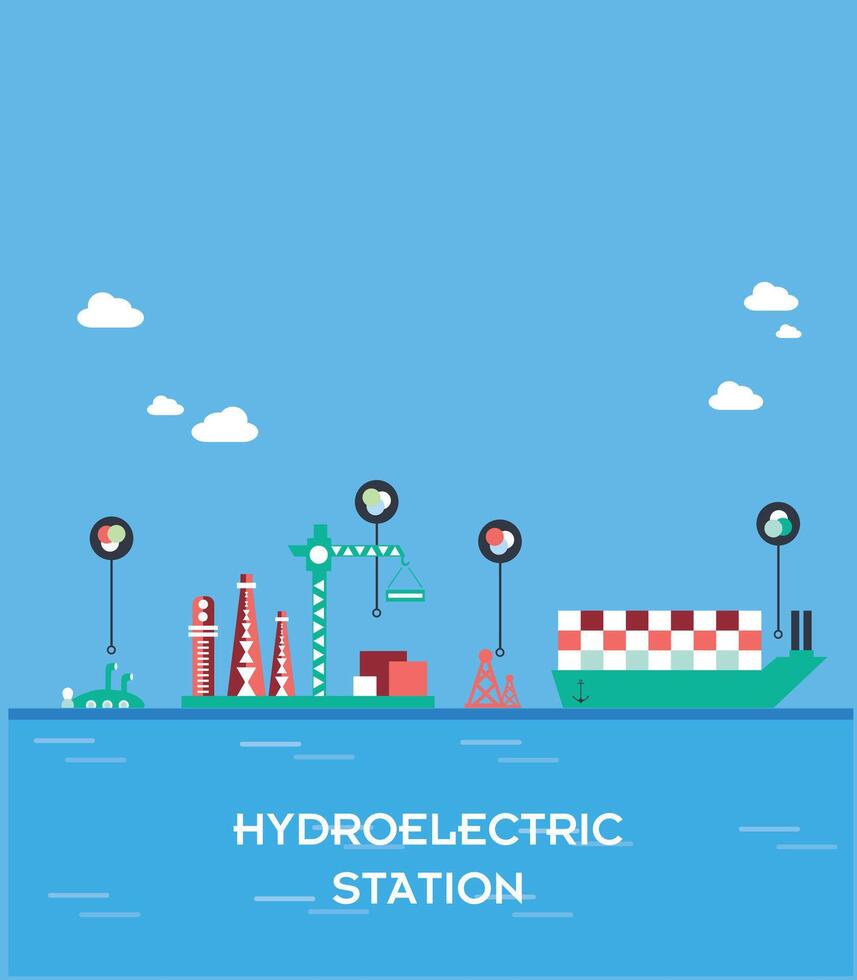 Hydroelectric power plant building concept, infographic elements illustrating the working principle of hydroelectric power plants, ocean. vector illustration.