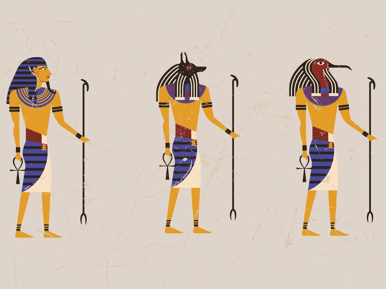 Set of ancient Egyptian gods. Mythical Figures and Statues of Cairo. Colored flat vector illustration of osiris, horus, ra, tear and thoth isolated on dull background.