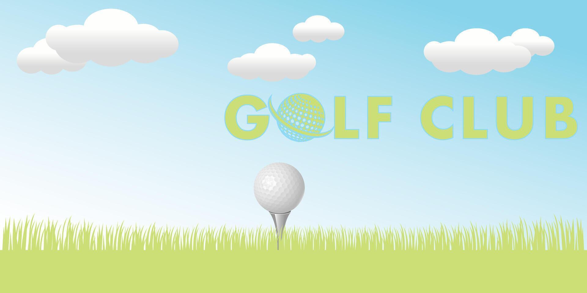 Golf club and ball on grass field.beautiful bright cloudy field, background for golf Championship or team competition event banner with golf ball vector