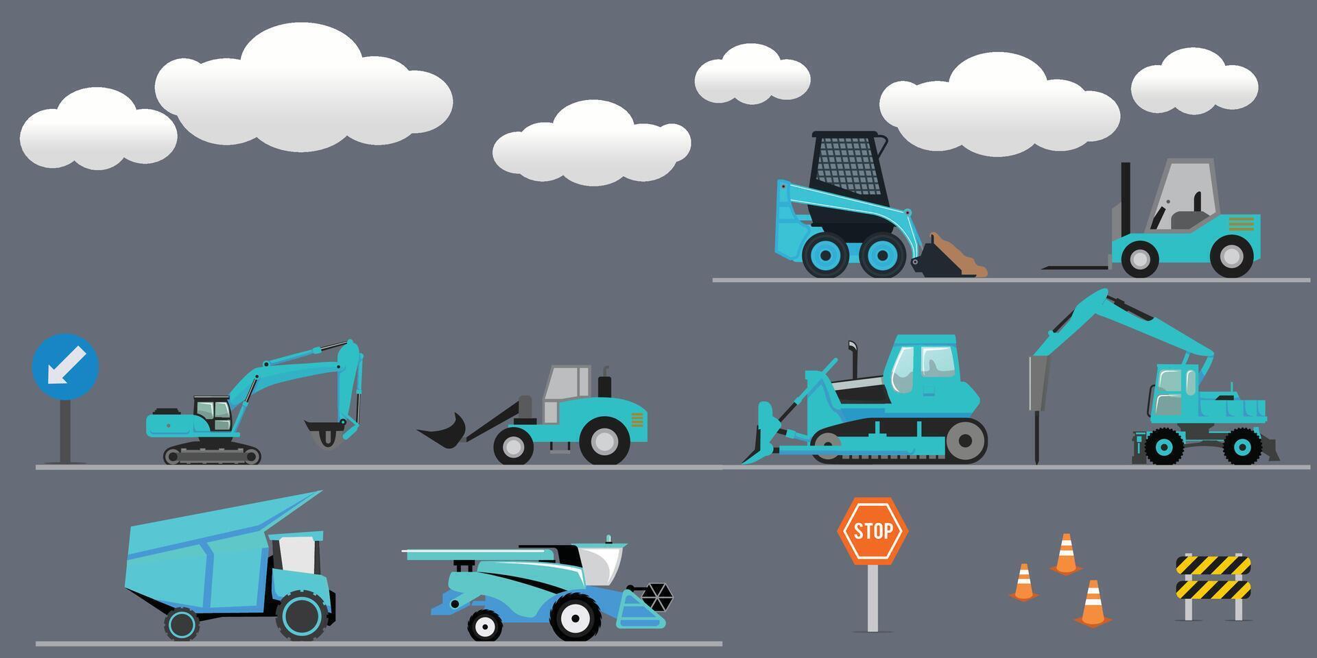 Construction cars are busy working. A wide variety of construction vehicles. development vector illustration