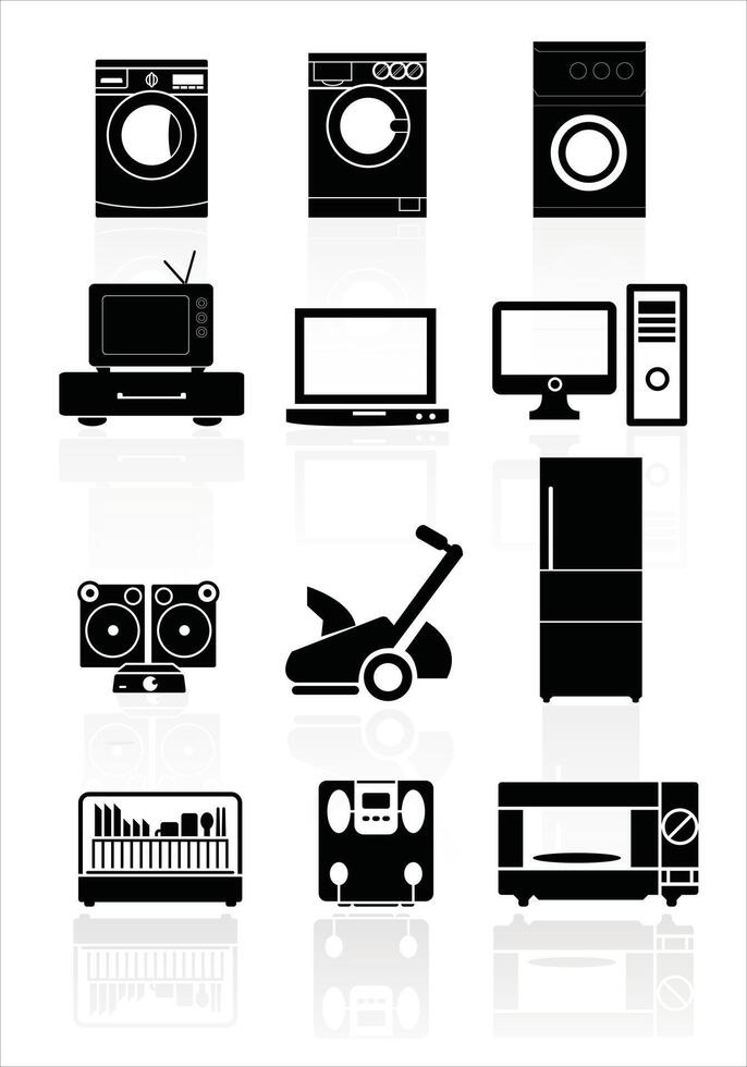 Home appliances vector on white background. Silhouette equipment collection design for web, site, banner, print, poster