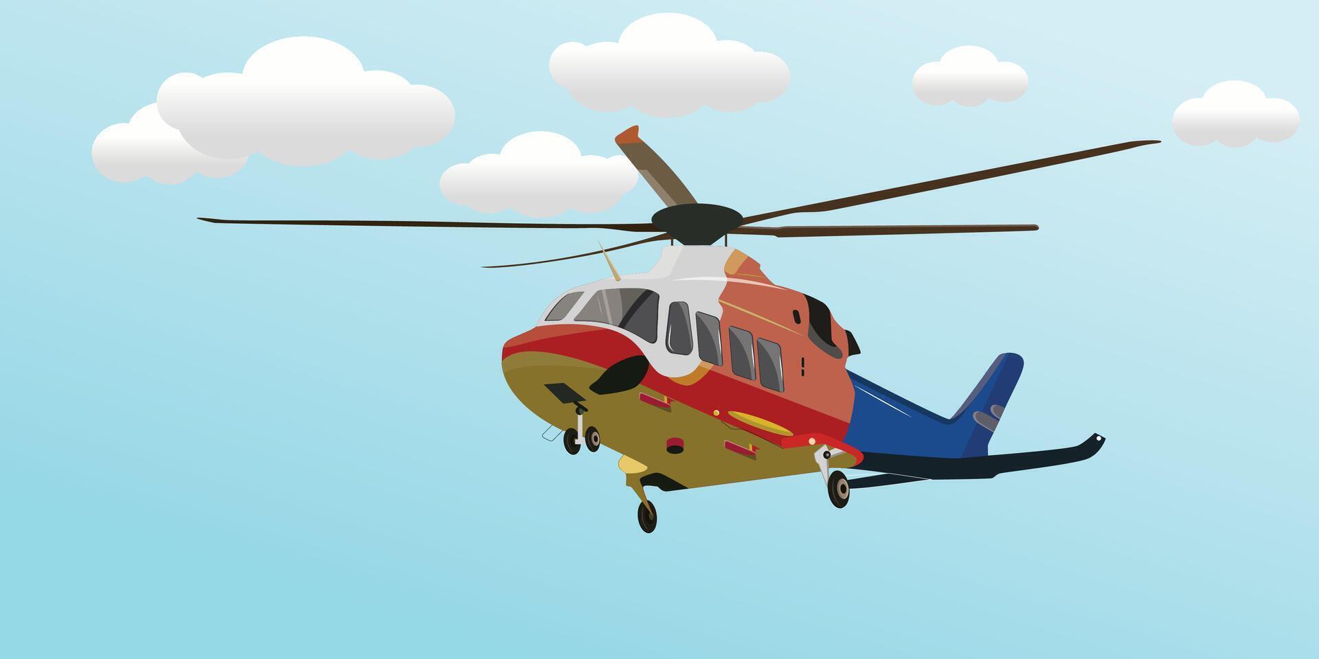 Illustration of a passenger helicopter flying through the sky. across a cloudy blue sky vector