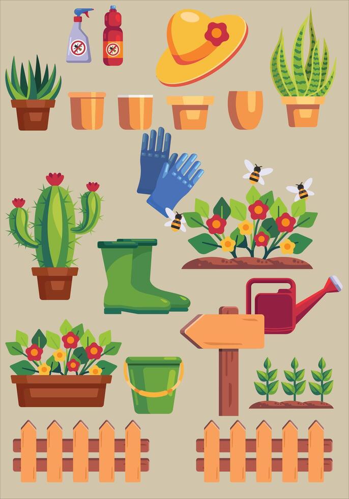 Spring yard botanical summer gardening objects, vector collection of plants, flower pots, bushes, fences, green seedlings, boots, watering cans. Spring garden icon