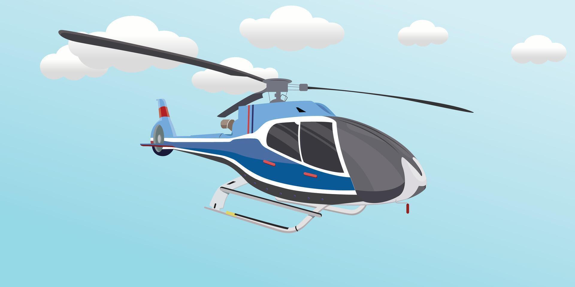 Illustration of a blue helicopter crossing the sky. across a cloudy blue sky vector