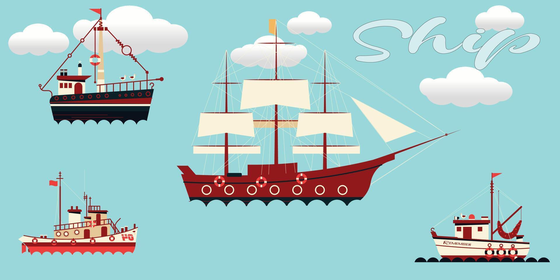 Cartoon sailing ship, sailing on the sea, traditional ancient sailboat, ingenious vector illustration of an old boat or ship