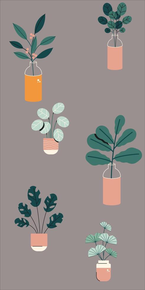 Set of stylish plant pots. Trendy home decoration with plants, cactus, tropical leaves in planters. Vector illustration