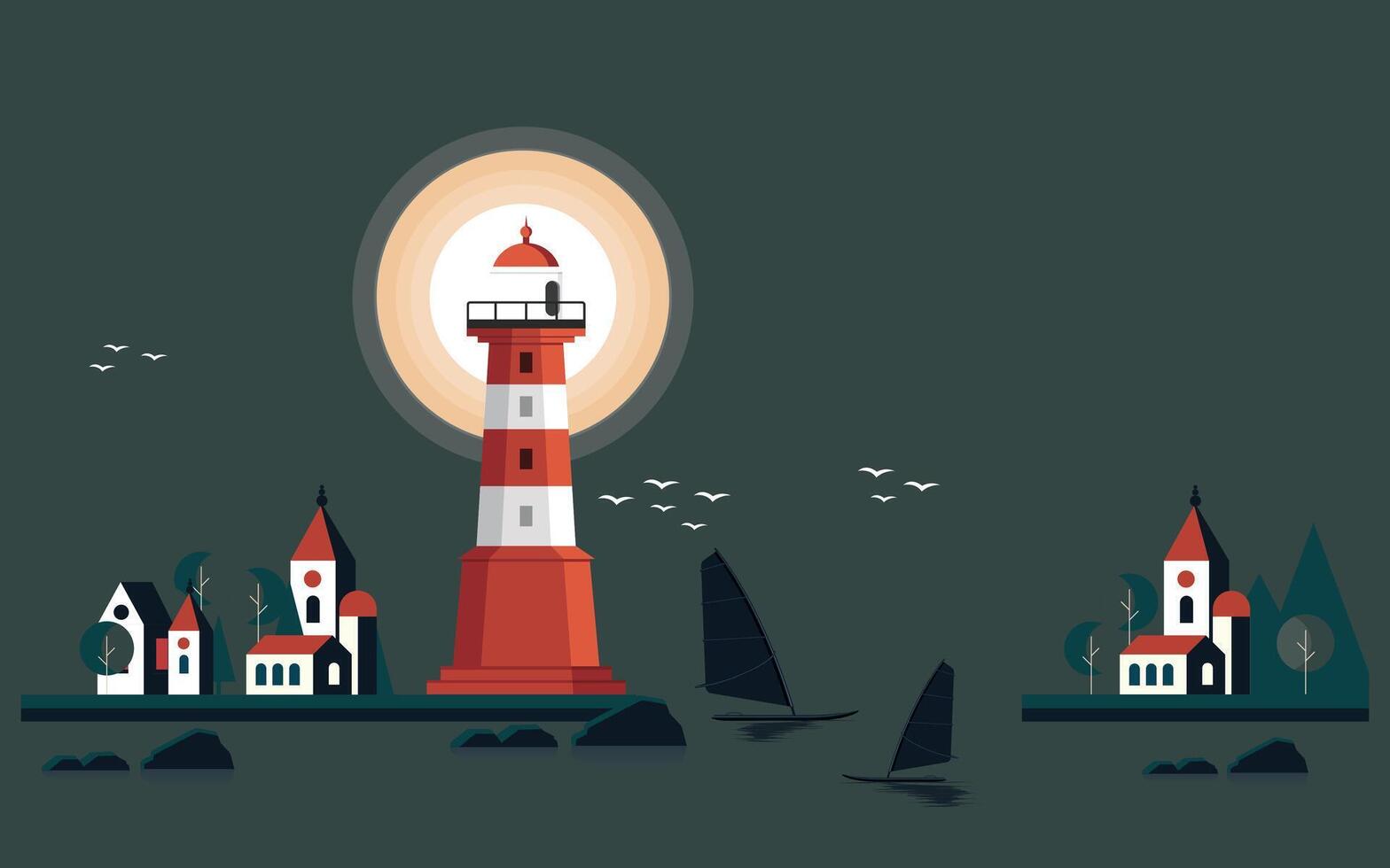 Lighthouse on the sea coast. Night view of sea coast with beacon and beach houses. Vector illustration of seascape, nautical navigation tower and sailboat. Sea beach with light houses
