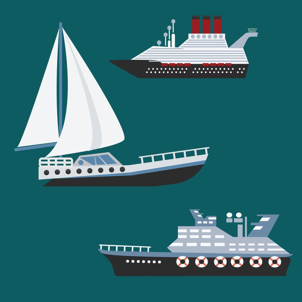 un conjunto de buques navegación en el mar. crucero buques, pequeño pescar barcos y mar barcos velero plano vector icono. ilustración de agua transporte crucero Embarcacion y Embarcacion velero