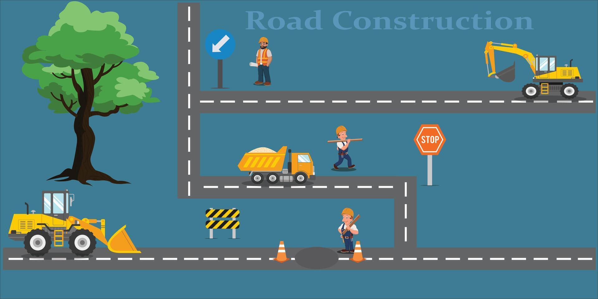 Construction car on the road. A wide variety of construction vehicles. road signs, construction workers. development vector illustration