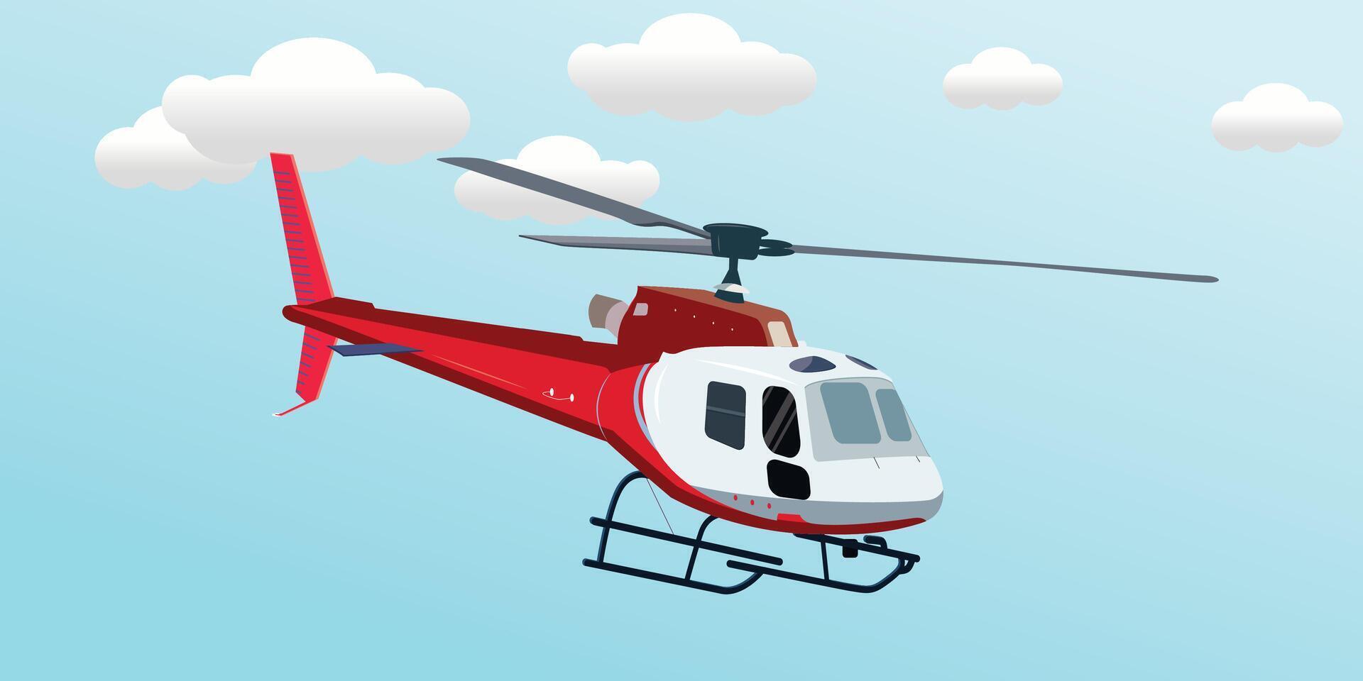 Illustration of helicopters and flying vehicles. across a cloudy blue sky vector