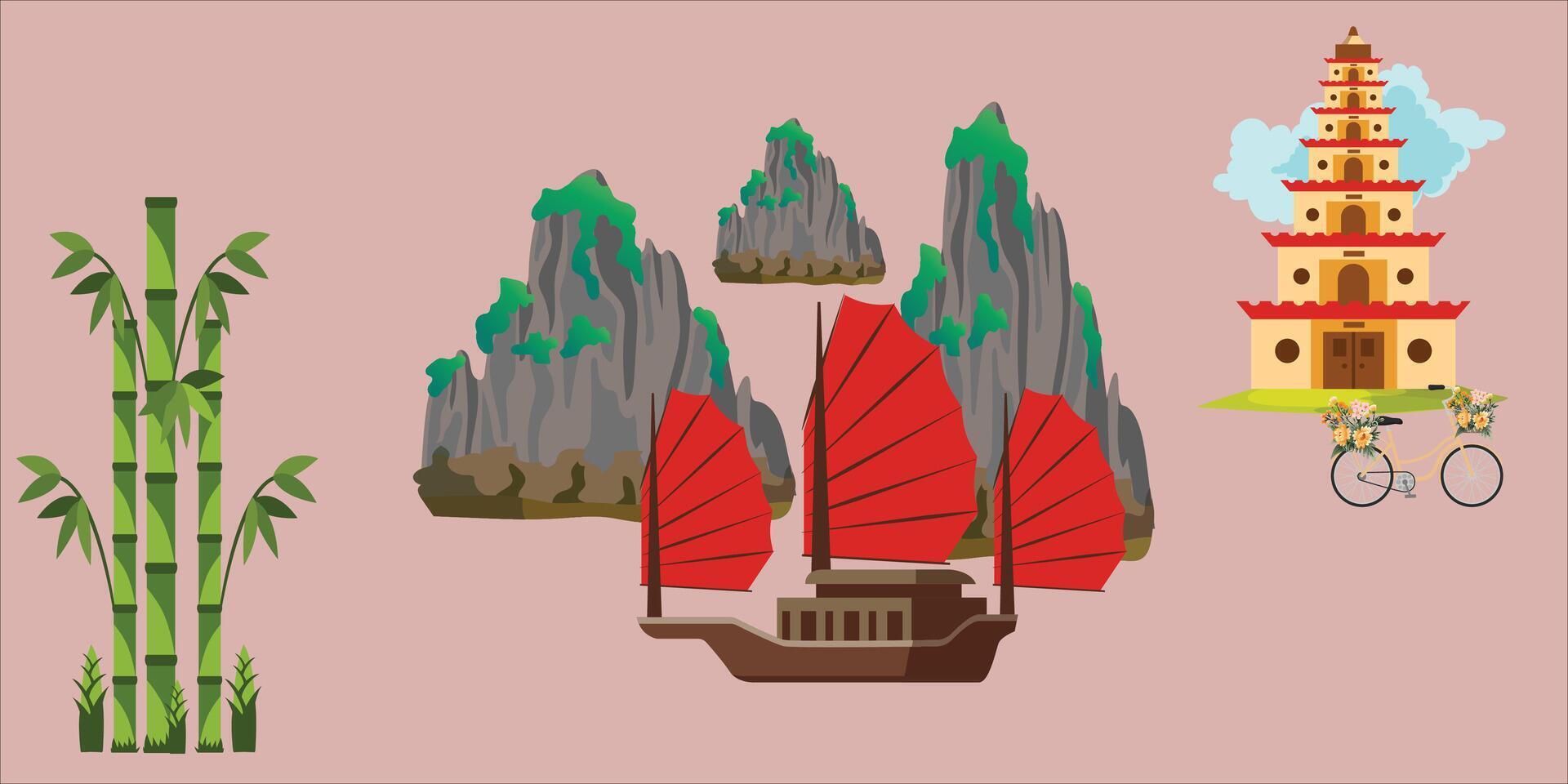 Vietnam with landmarks and traditional cultural symbols. Travel attraction icon. pagodas, temples, bicycles, sailing ships, bamboo, cliffs. vector